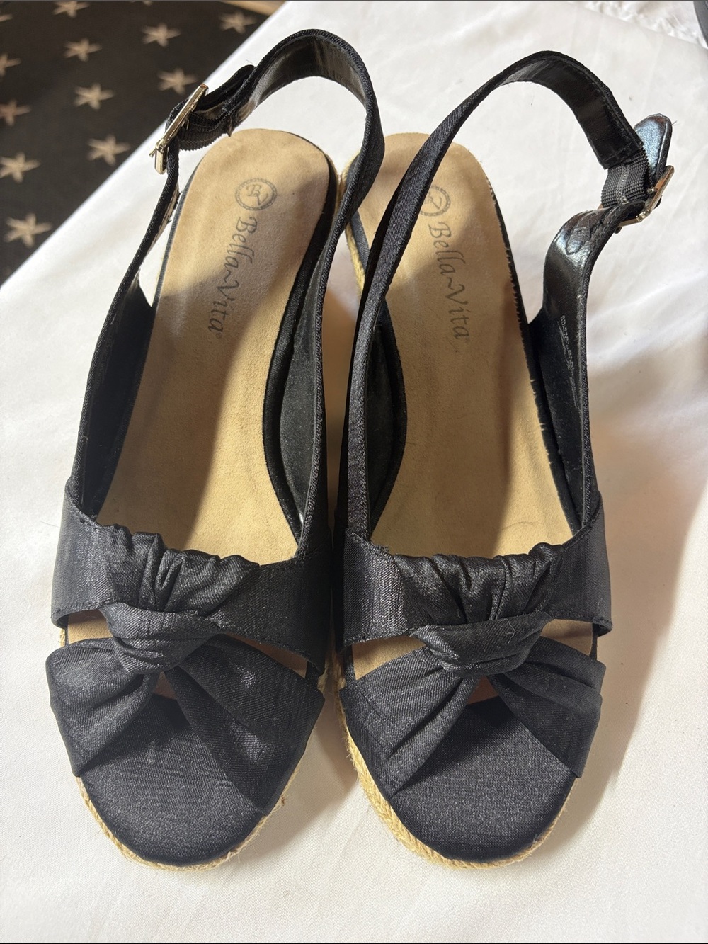Bella Vita Black Knotted Slingback Espadrille Wedges
